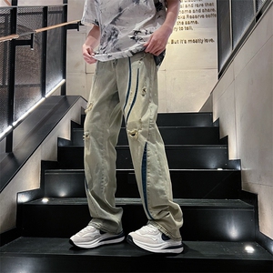 美式黄泥破洞牛仔裤男夏季直筒痞帅潮牌高街拼色宽松裤N0068-P45图片