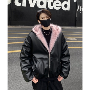 冬季美式高街pu皮棉服毛领座山雕连帽棉衣外套宽松加厚棉袄潮p105图片