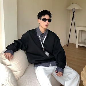 秋冬假两件衬衫领卫衣男韩系时尚上衣潮男宽松百搭套头衣服RHY03