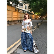 美式潮牌撞色多巴胺休闲格子弯刀裤情侣慵懒风宽松阔腿长裤，女装休闲裤，星座1210-1