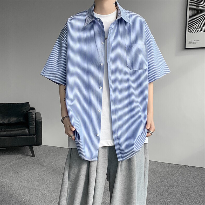 8XL-M条纹短袖衬衫男夏季宽松慵懒风痞帅大码衬衣外套DC28001P40,男装衬衫,电商B312