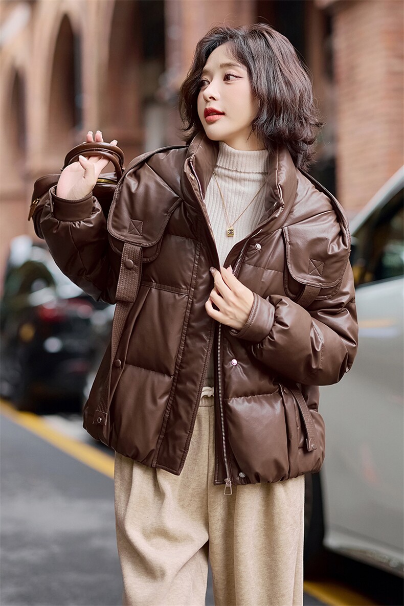 【冬季女装新款】时尚休闲白鸭绒PU皮羽绒服P285-K385,女装羽绒服,简古