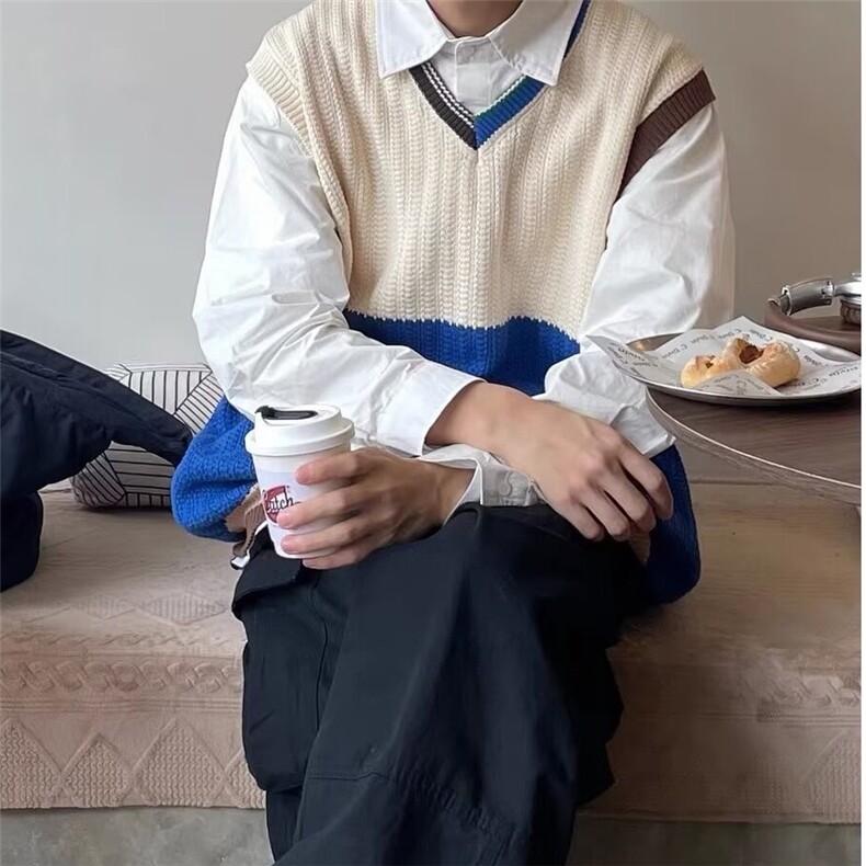 3130-P44无袖v领针织背心男春秋款外穿马甲ins原宿风撞色日系,男装背心/马甲,电商B323A