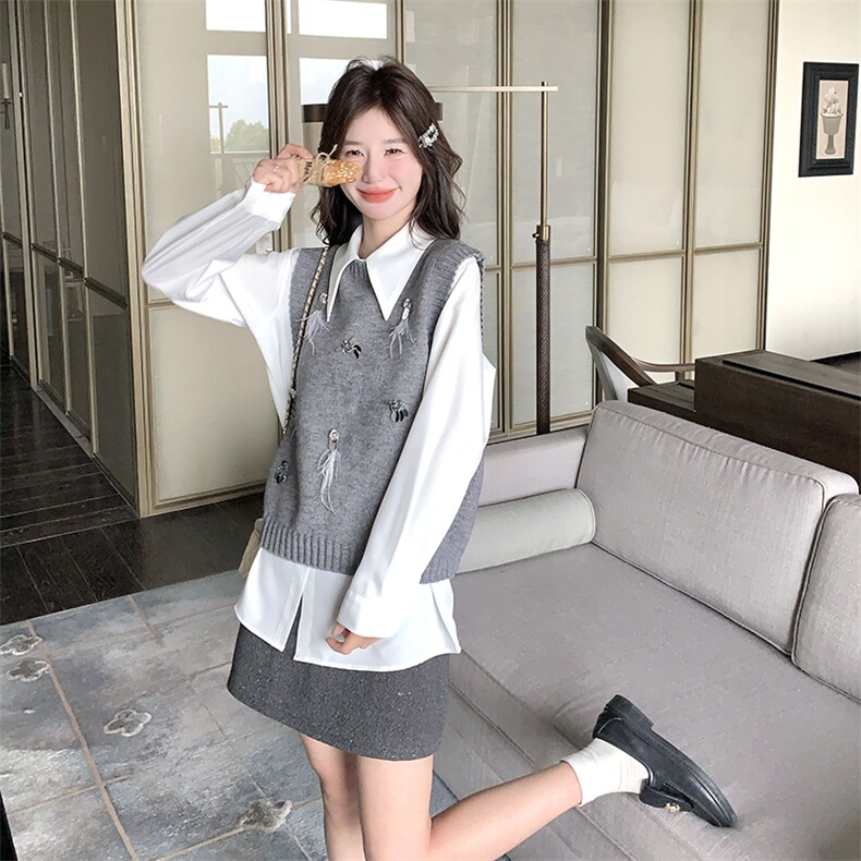 学院风复古减龄衬衫上衣马甲套装女2025春秋新款高级感时尚两件套,女装马甲,维壹