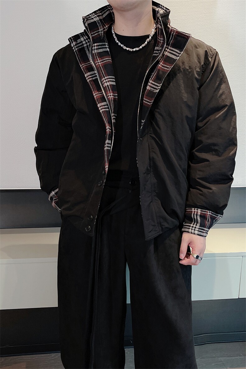 冬季新款高级休闲格子拼接立领棉衣保暖棉服男M212-P158(档口图,男装棉衣,电商B267