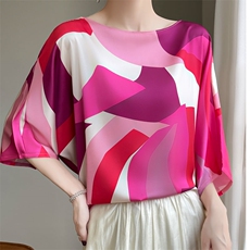 丝绸缎面2025夏季女装新款圆领短袖气质印花大妈短袖百搭T恤上衣，女装蕾丝衫/雪纺衫，羊特美羊绒