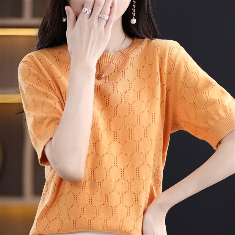 24秋季新款纯棉T恤女宽松圆领舒适短袖百搭显瘦针织棉麻半袖上衣,针织衫/毛衣,斯美雅电商供货