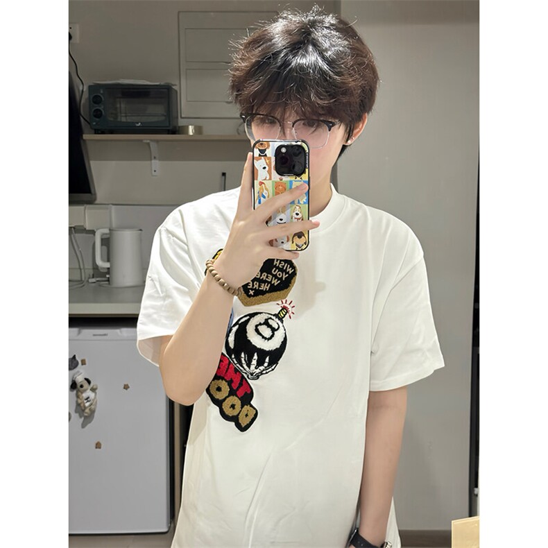 万针全刺绣工艺得物抖音高品质260克纯棉双纱美式高街短袖T恤P33,男装T恤,电商A486-1