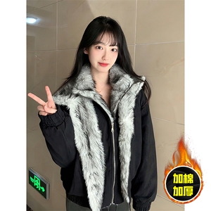 现货高品质美式高街重磅狼王座山雕毛毛领假两件棉衣加厚棉服外套图片