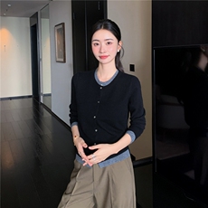 2025秋冬百搭时尚简约圆领拼色开衫，女装羊绒衫，玛卡隆羊绒
