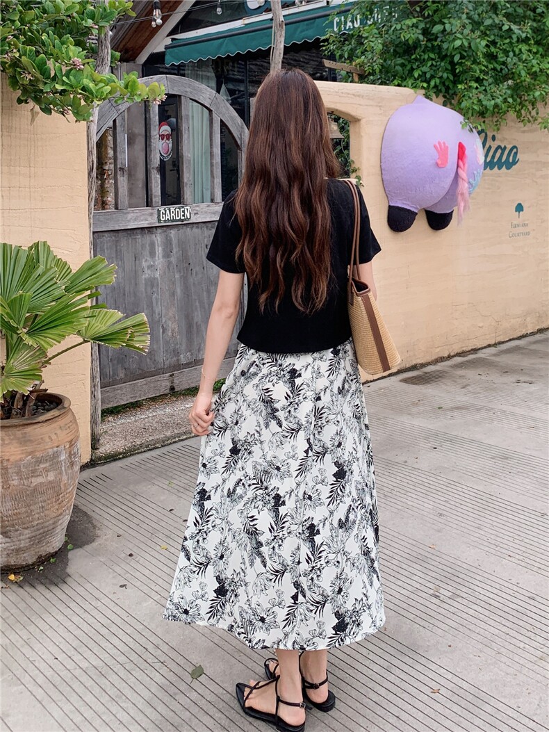 气质水墨印花套装女夏装不规则方领T恤短袖半身裙子两件套潮,女装套装/套裙,艾米莉亚