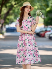 温柔风花卉印花纯棉连衣裙女2026夏薄款短袖气质收腰显瘦减龄裙子，女装连衣裙，倪叶myz
