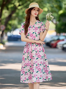 温柔风花卉印花纯棉连衣裙女2026夏薄款短袖气质收腰显瘦减龄裙子图片