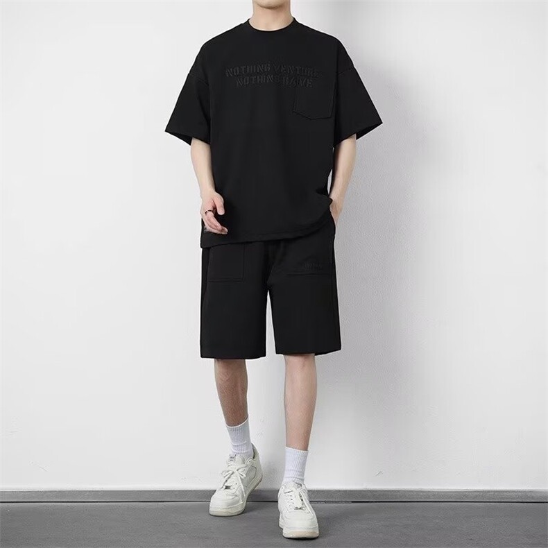 休闲华夫格短袖新款套装运动套装男士夏季短裤两件套宽松潮流一套，男装休闲套装，星座1210-1