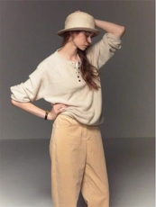 卷边半开圆领时尚百搭休闲套头针织女，女装针织衫/毛衣，百纯羊绒