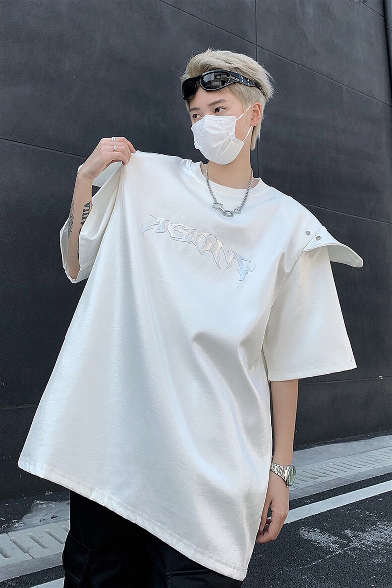 小众解构拼接亮面垫肩短袖t恤24夏设计感上衣XZ514-2-202410-P68,男装T恤,星座514-2(原B239)