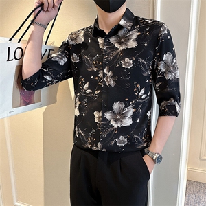 店主风社会小伙男士印花中袖衬衫男痞帅衬衣301A-1/CS581/P55图片