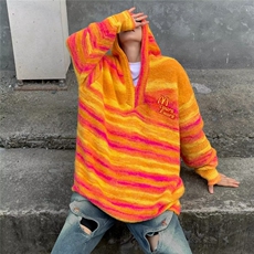 美式复古条纹连帽毛衣男秋冬季麦当劳刺绣慵懒风宽松针织衫P63，男装针织衫/毛衣，四季星座218-1