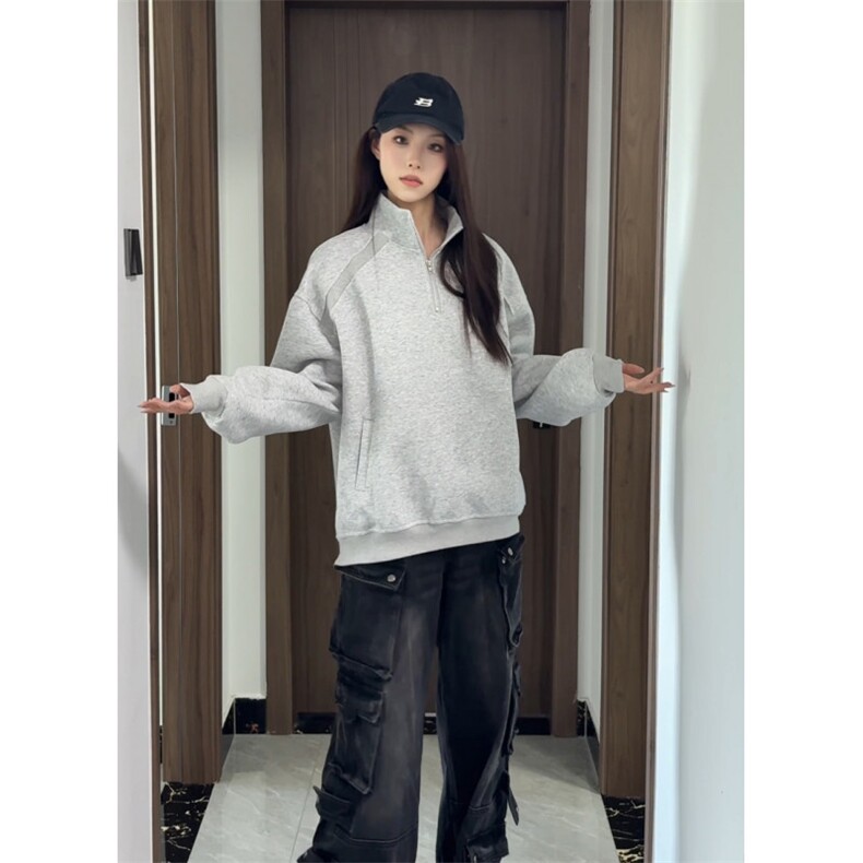 美式复古半拉链套头卫衣男女秋季宽松情侣百搭休闲上衣特P48,男装卫衣,电商C306-1