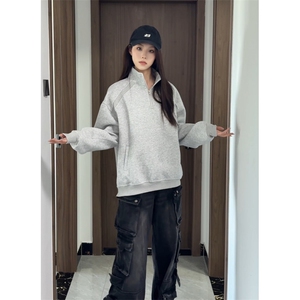 美式复古半拉链套头卫衣男女秋季宽松情侣百搭休闲上衣特P48