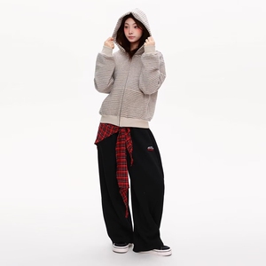 早秋装连帽卫衣女春秋季韩版宽松初秋薄款短款小个子条纹开衫外套图片