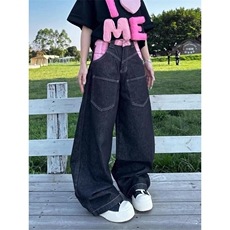 CP1215-P55美式粉格拼接廓形弯刀牛仔裤女2025设计感宽松阔腿裤，男装牛仔裤，电商B323A