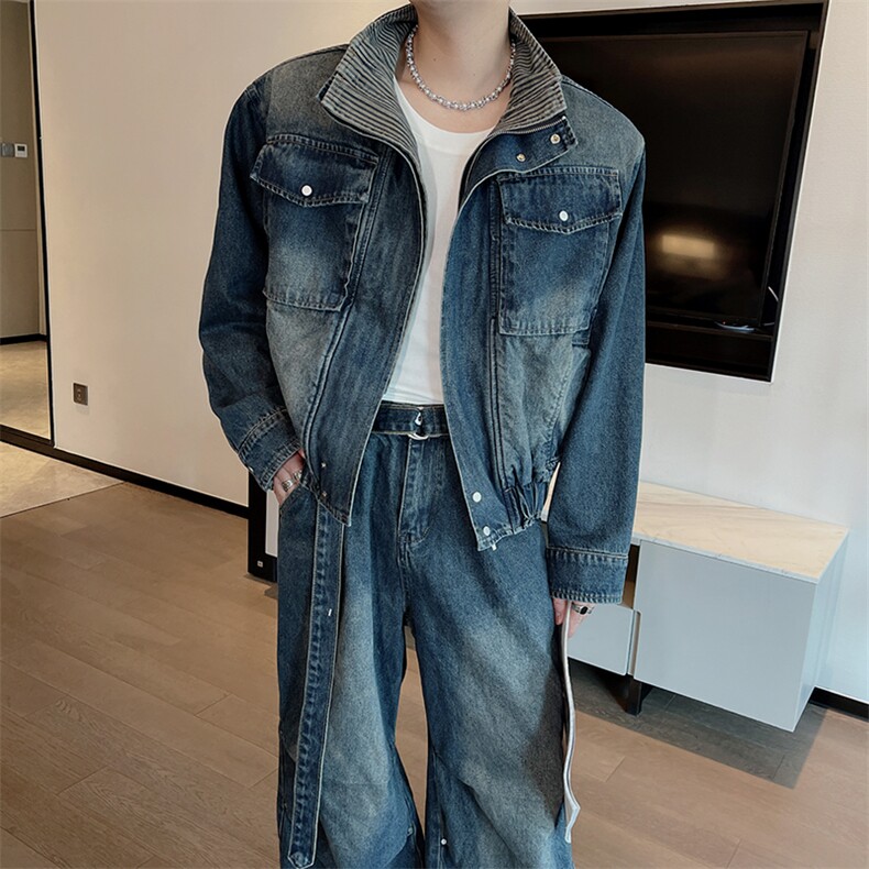秋季新款美式复古工装牛仔夹克牛仔裤套装男潮TZ332上衣130裤子88图片