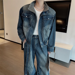 秋季新款美式复古工装牛仔夹克牛仔裤套装男潮TZ332上衣130裤子88图片