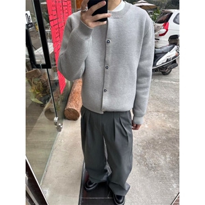 美式复古格雷系设计感纽扣针织开衫男秋冬季休闲简约百搭毛衣外套图片