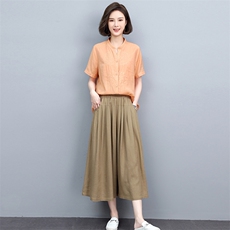 2022年套装新款时尚休闲中年妈妈棉麻风刺绣衬衫阔腿裤两件套，女装套装/套裙，忆绮罗