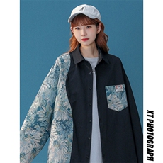 中性风花型拼接长袖衬衫女大码M-5XL情侣潮长袖衬衫男CS7714P60，男装衬衫，星座227-7