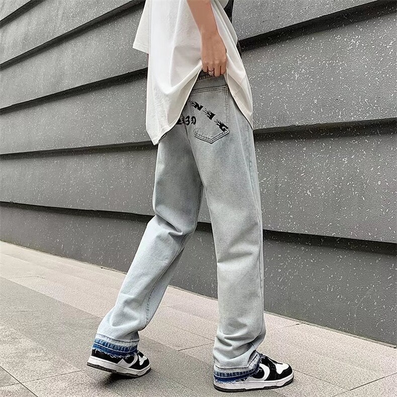 2023夏季街头复古牛仔裤男直筒宽松ins潮牌美式高街裤子NK481P40图片