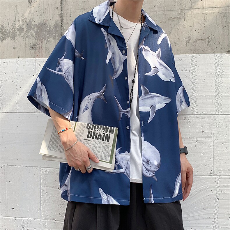2021夏季新款男士鲨鱼印花宽松短袖衬衫百搭外套潮D85P48,男装衬衫,电商A335-1（原A458）