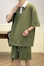 夏上新学生简约翻领T恤套装运动休闲短裤T恤男女7608-P70控价98，男装T恤，电商A441-1