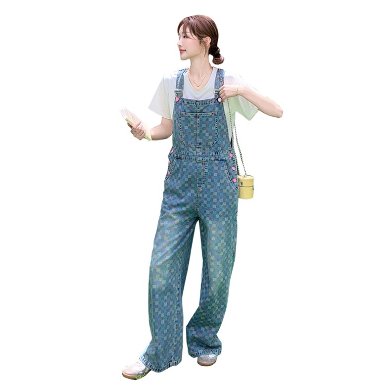 韩版格子蓝色牛仔韩系减龄背带裤女2025夏季新款甜系小个子连体裤,女装套装/套裙,2D078