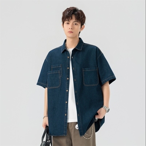 夏季新款牛仔短袖衬衫男宽松潮流薄款外套图片