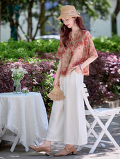 现货！夏季新款2025套装女简约时尚优雅气质印花天丝麻刺绣两件套，女装套装/套裙，魅影