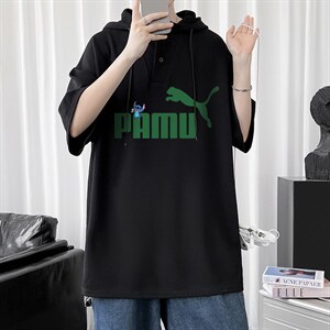 LD54227-P45 连帽短袖t恤男大码胖子带帽五分袖中袖图片