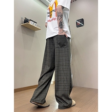XK468-P35灰色格子裤男夏季薄款慵懒松弛感美式休闲阔腿直筒裤，男装休闲裤，电商A178