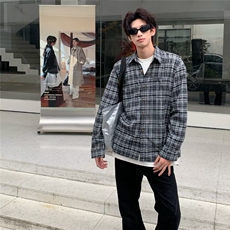 复古格子长袖衬衫男宽松美式格纹痞帅休闲衬衣外套CS22-P42，男装衬衫，星座1001-1