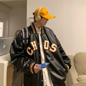 J57-P95-PU皮夹克棒球服拼接织带外套男，现货，现货！，男装夹克，星座1408-1
