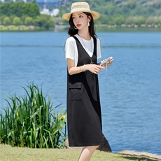 假两件休闲宽松连衣裙女2026夏季新款遮肉显瘦A字裙中长款裙子，女装连衣裙，余墨