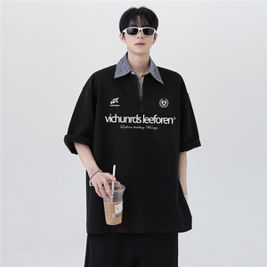 美式潮流日系cleanfit高级感半拉链polo衫假两件半袖短袖T252-P48图片