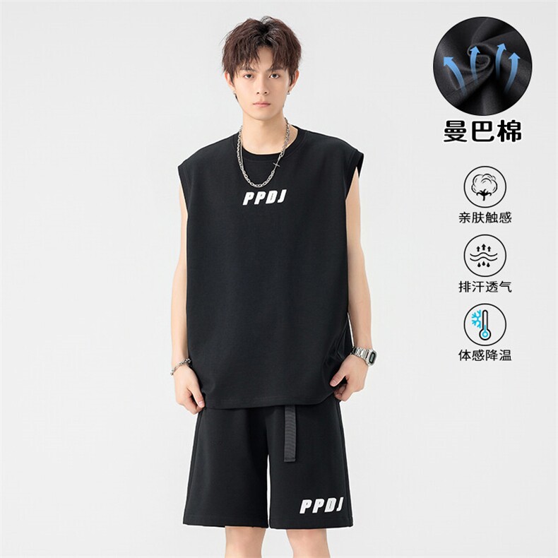 特批P65无差价夏季曼巴棉潮流坎肩无袖背心大码两件套装男TZ5356图片