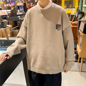 1港风圆领中性情侣潮流大码M-5XL印花加厚毛衣男7671P48加绒P55图片