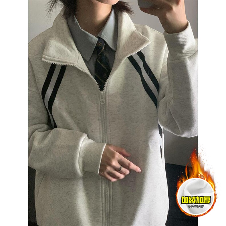 480G重磅加绒硬挺boxy男女秋冬美式高街织带撞色立领卫衣开衫外套，女装短外套，电商A486-1