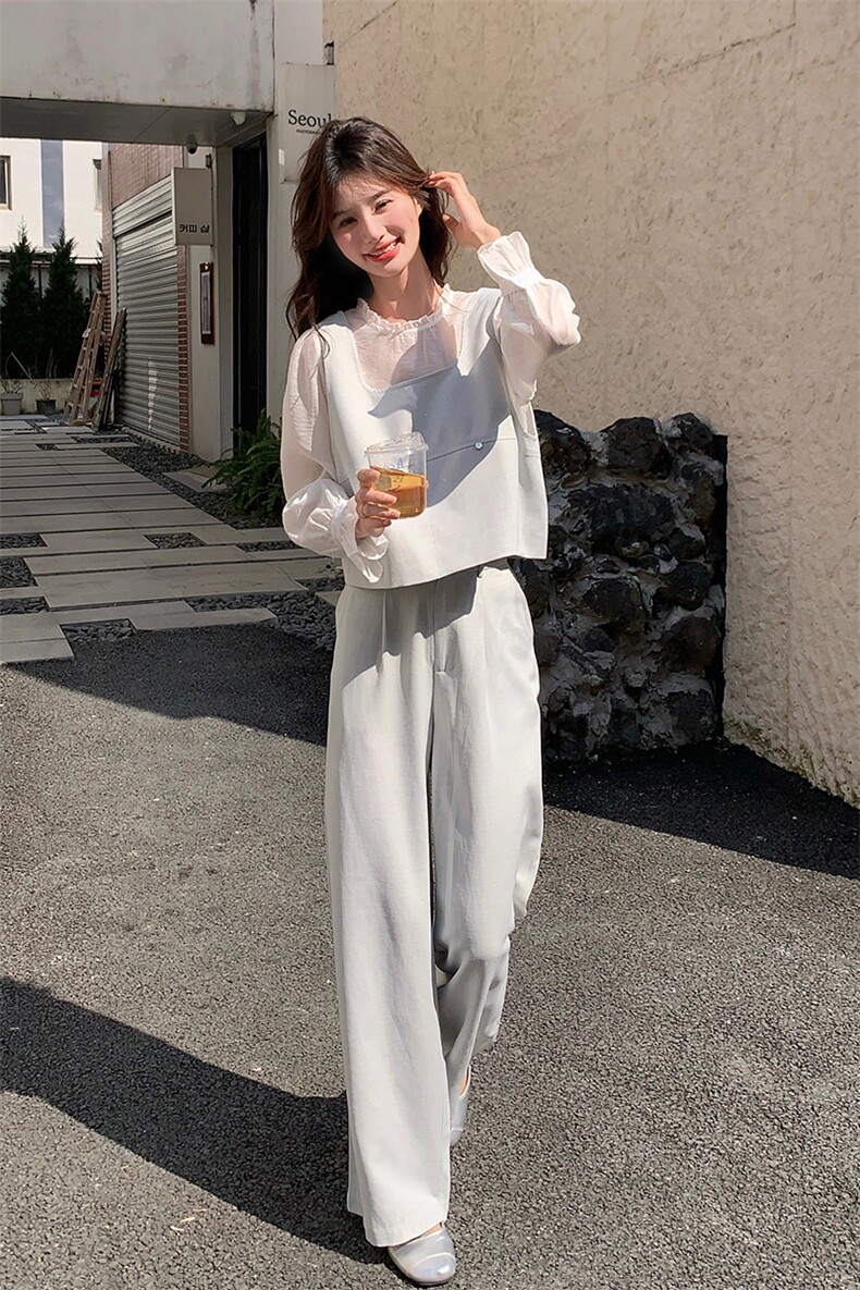 气质高级感马甲套装女2025春夏新款盐系独特漂亮衬衫阔腿裤三件套,女装套装/套裙,浙宝069