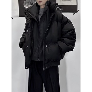 纯色假两件立领短款棉服外套男女同款冬季加厚面包服保暖黑色棉衣图片