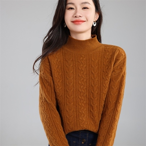 女士秋季新款简约百搭半高领重工绞花羊毛衫图片