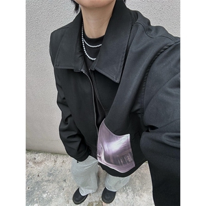复古人物贴薄短宽夹克拉链外套 Cleanfit复古美式上衣设计 JK690图片
